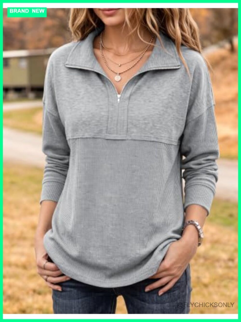 Waffle Knit Half Zip Sweatshirt Women Loose Pullover Long Sleeve Top - Picture 5 of 6